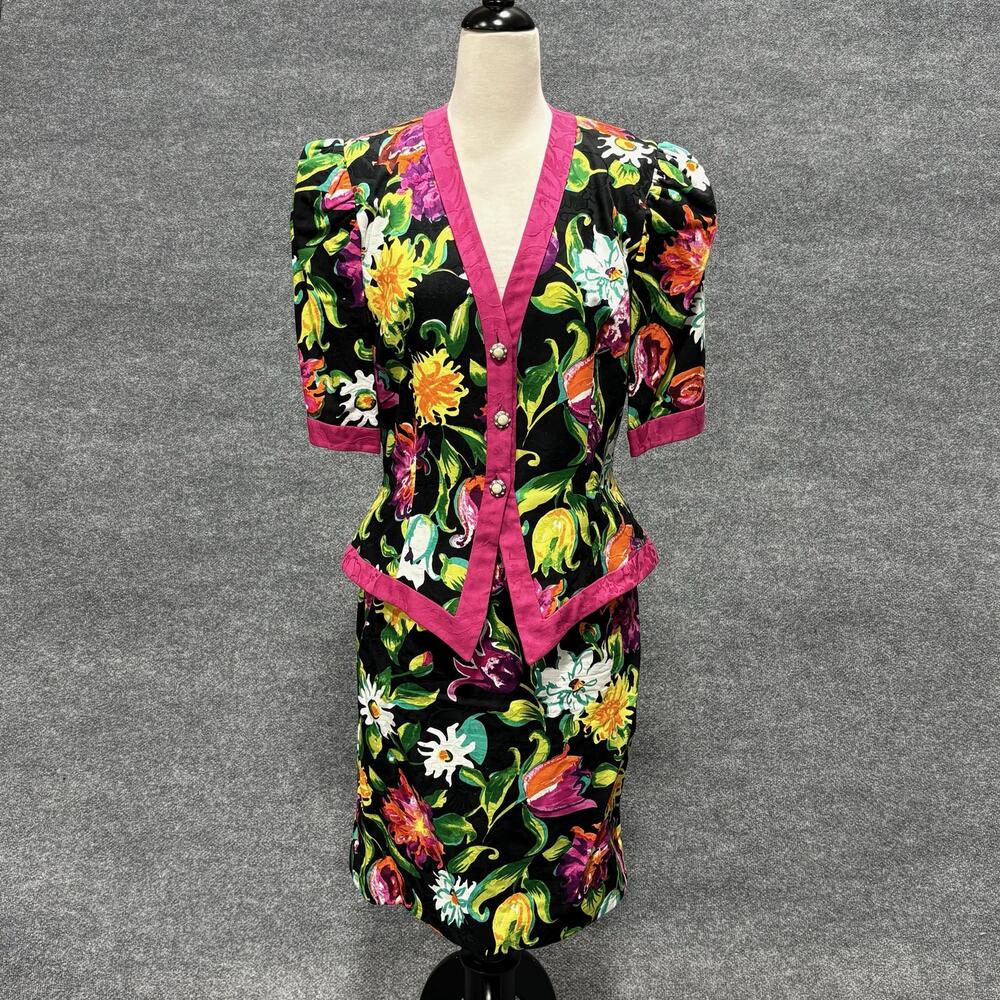 Vintage Razook's Skirt Suit Set Womens 14 Black Floral Cotton Jacket Bold